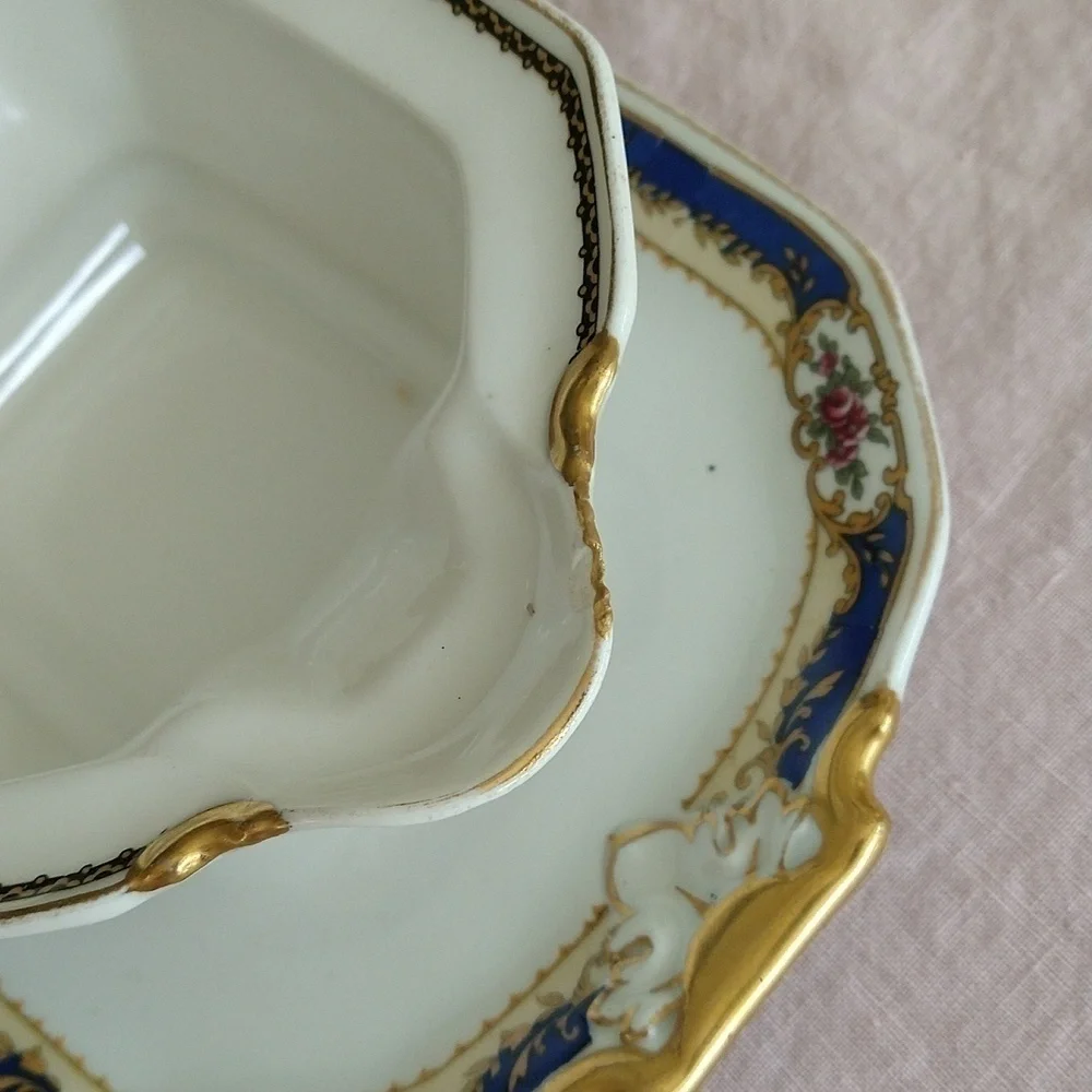 Antique Limoges porcelain navy white gold hand painted gravy boat tray la cloche